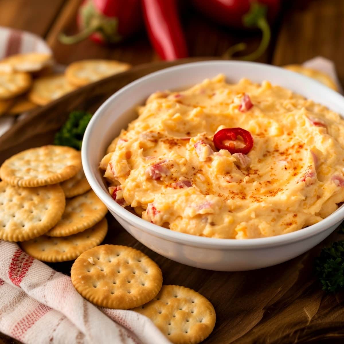 Homemade creamy pimento cheese with crackers in a wooden board