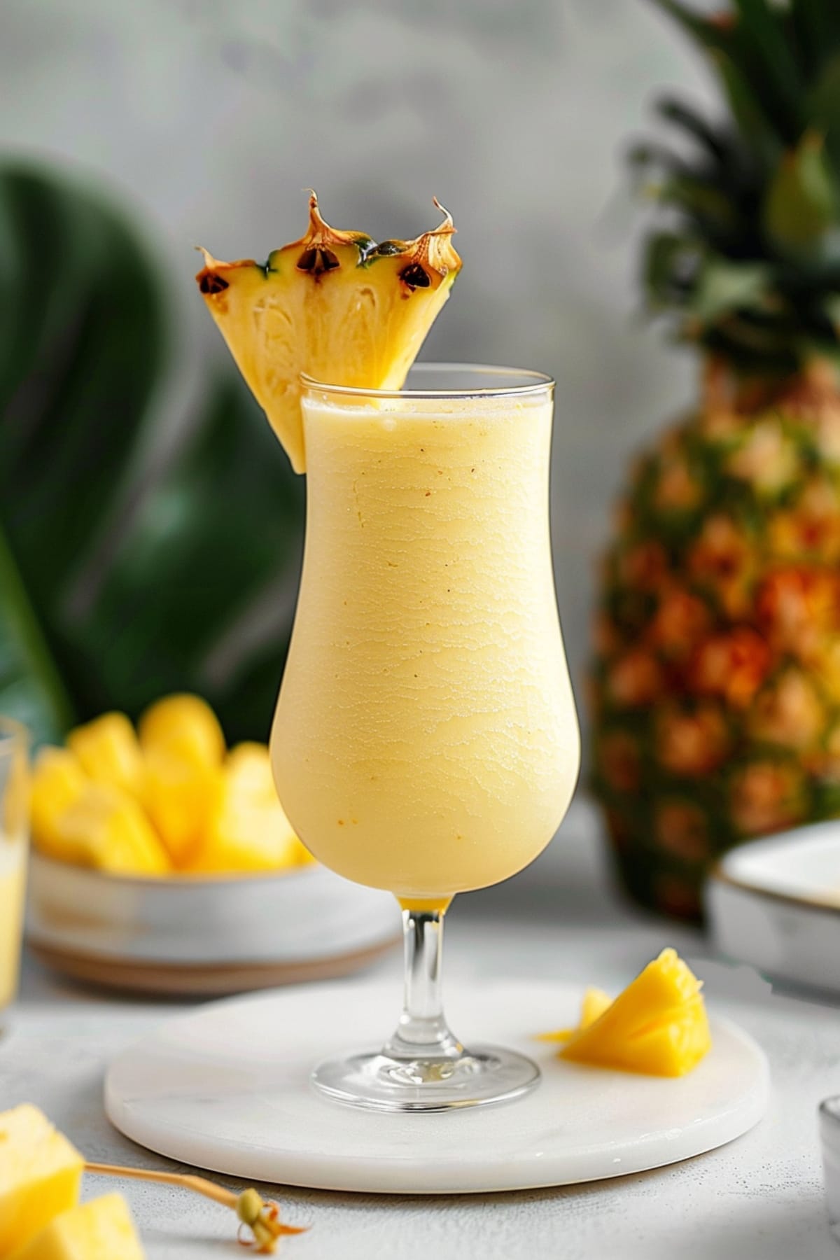 Homemade creamy pina colada with pineapple wedge in a glass