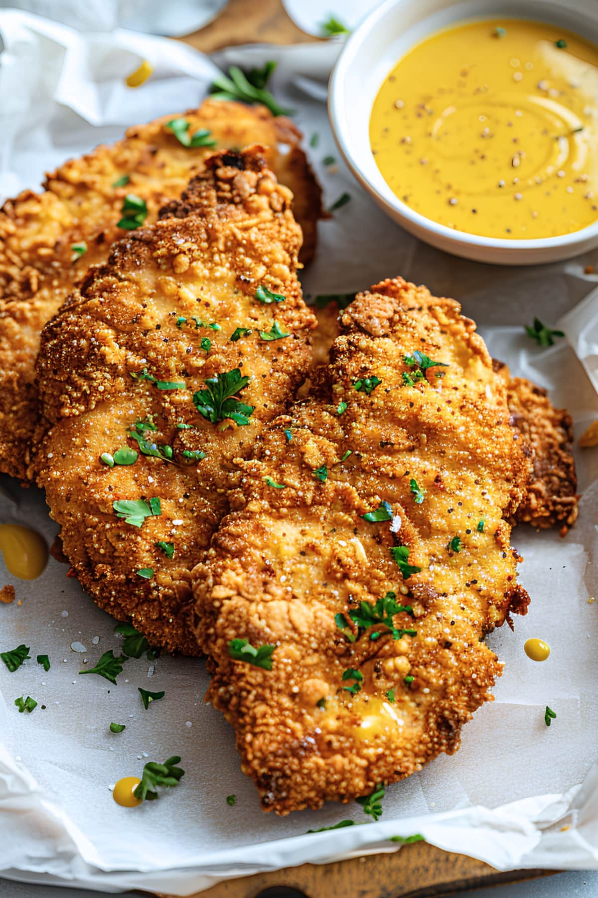 Fried chicken cutlets in an air fryer with mustard sauce
