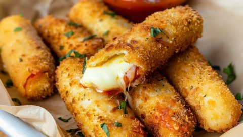 Homemade delicious mozzarella sticks with gooey cheese inside