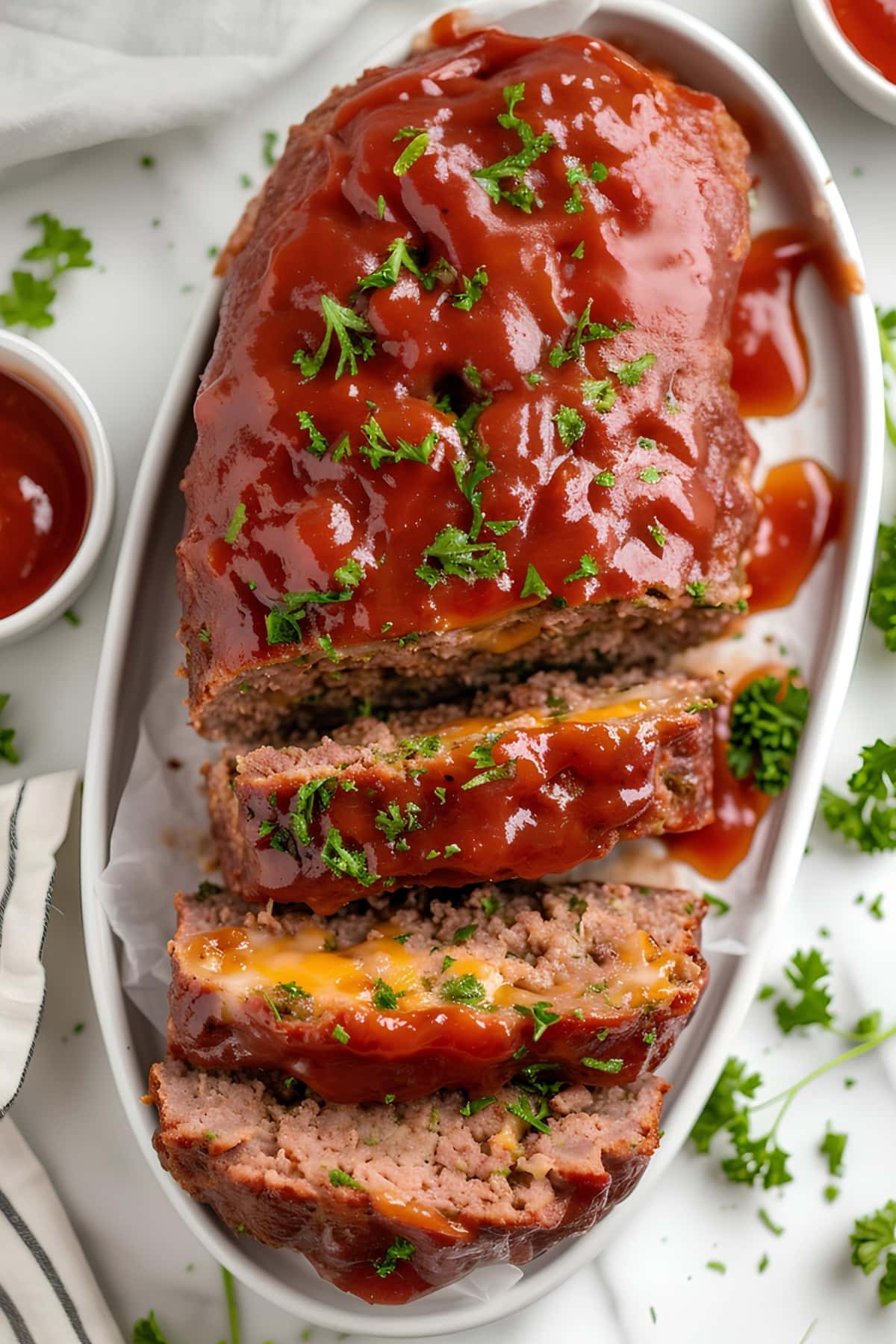 Cheeseburger Meatloaf with Cheese Filling Topped with Ketchup