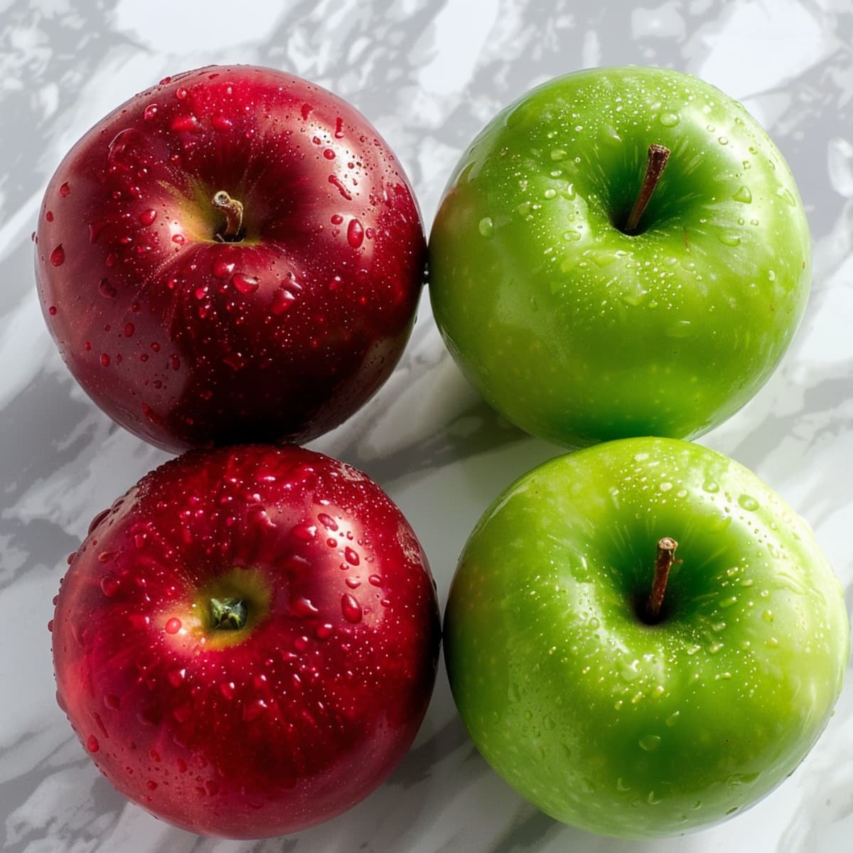 Fresh red and green apples, top view