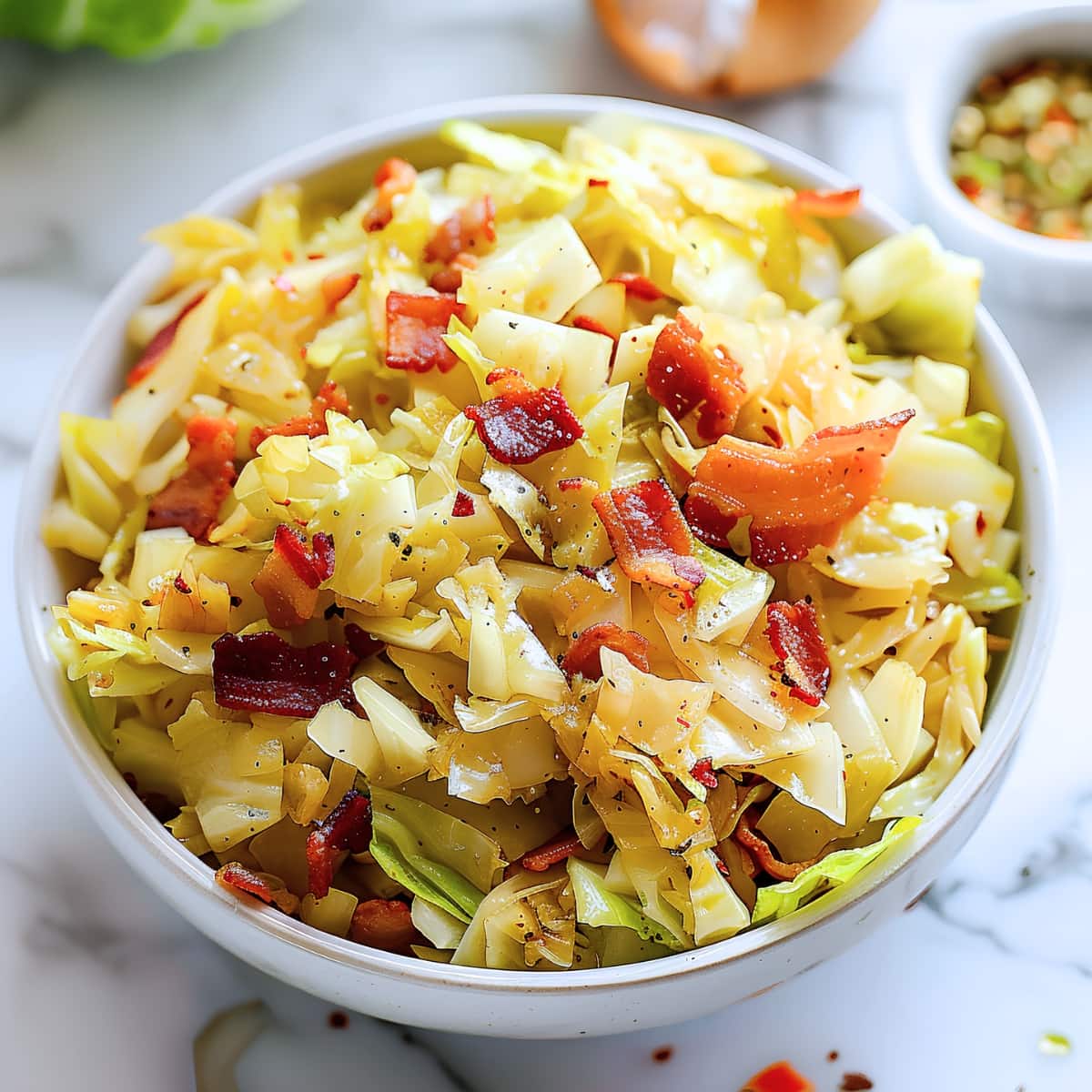 Homemade cabbage salad with bacon, a comforting dish