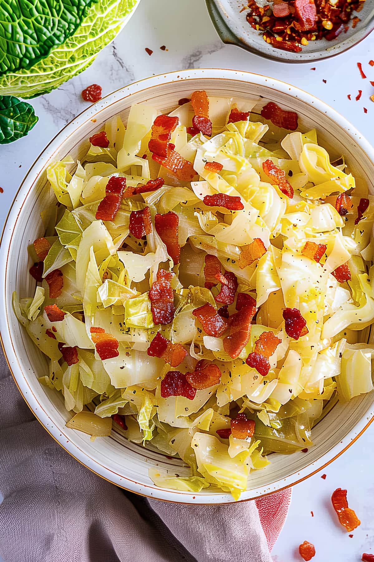 A bowl of fried cabbage with crispy bacon, seasoned with thyme, paprika, salt and pepper