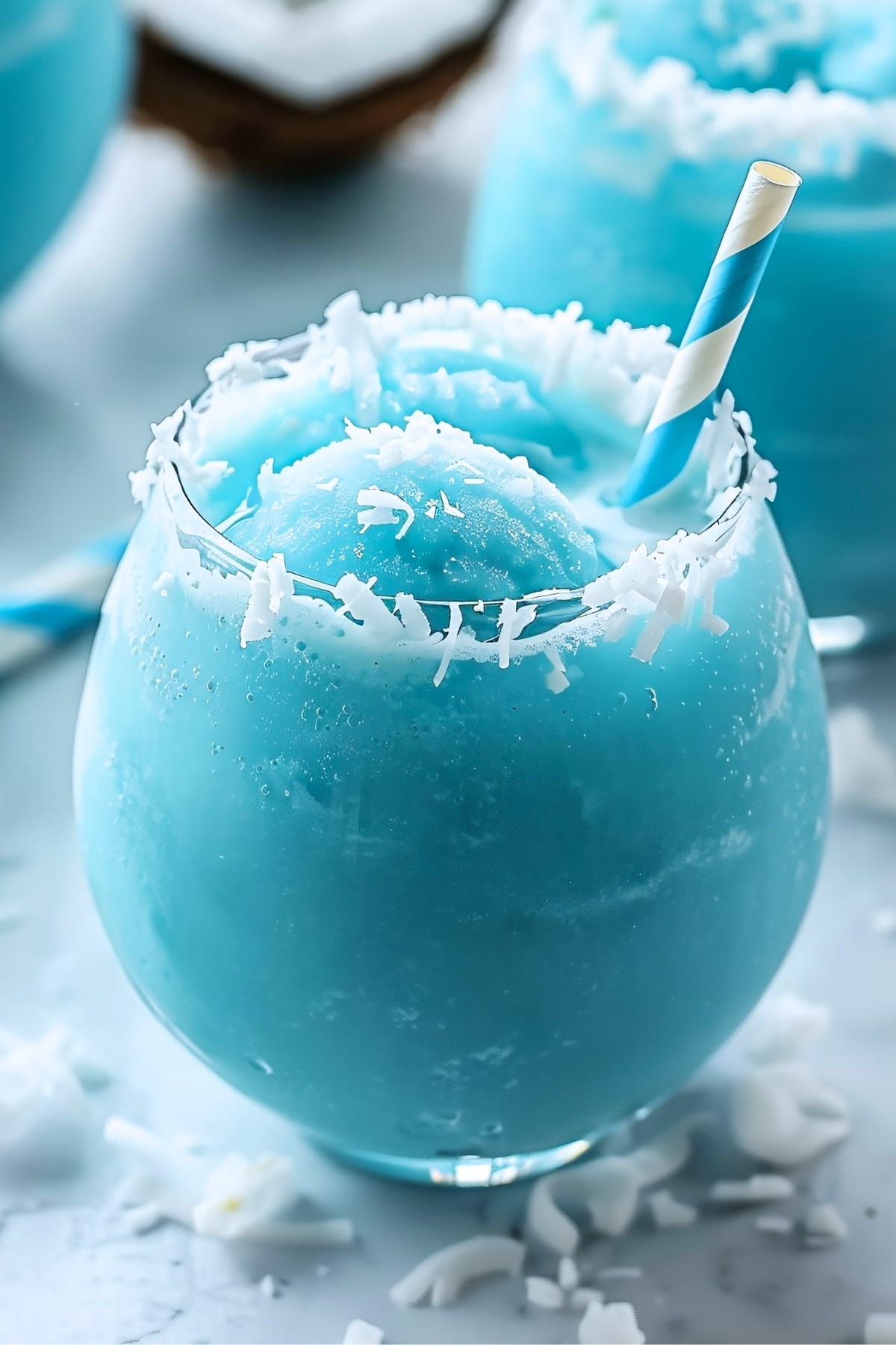 Homemade Jack Frost cocktail with a blend of pineapple, rum and coconut