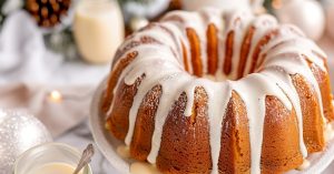 Homemade eggnog pound cake with drizzled with glaze