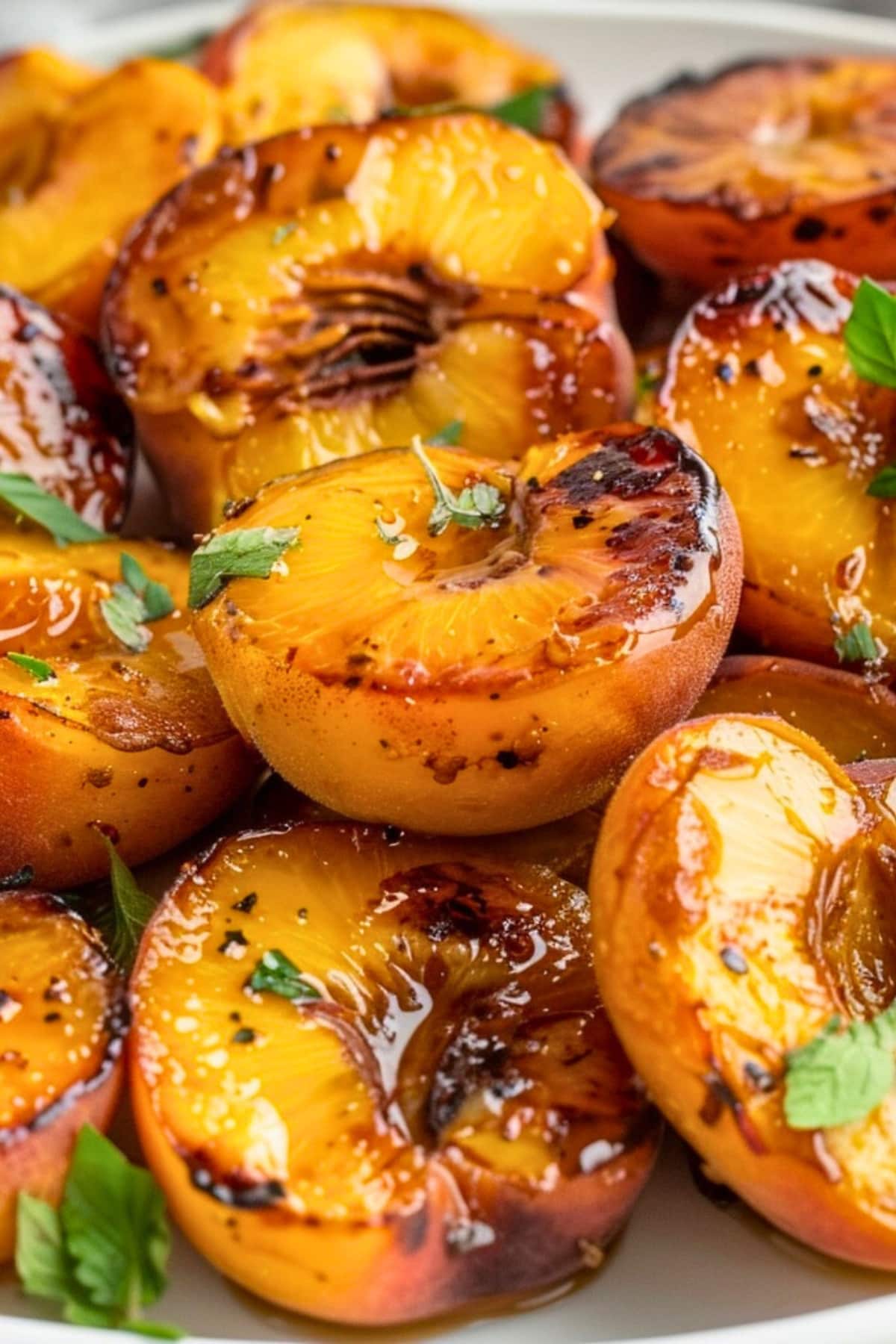 Air fryer peaches in a plate drizzled with honey on top.