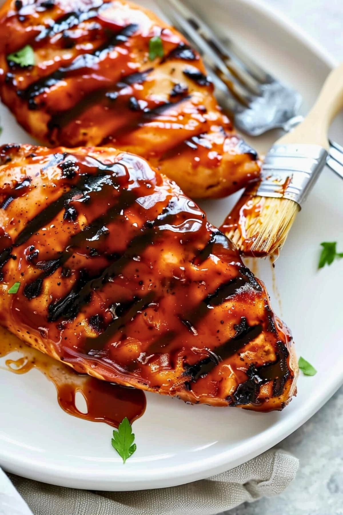 Chicken breast grilled brushed with barbecue sauce garnished with chopped parsley served on a white plate.