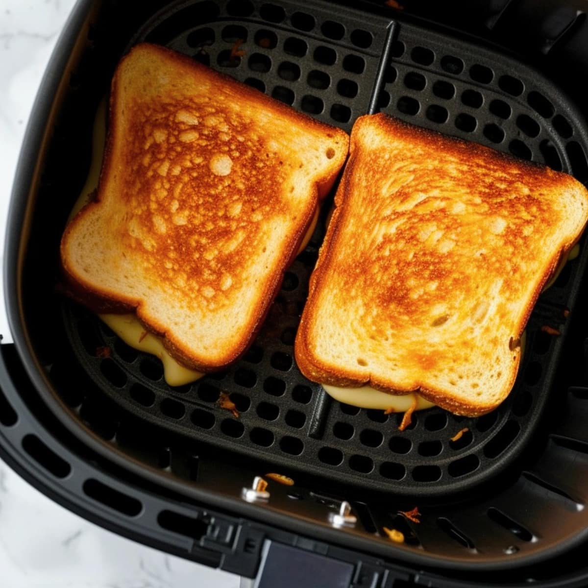 Grilled cheese inside an  air fryer basket.