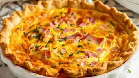 Whole ham and cheese quiche in a white pie dish garnished with chopped parsley.