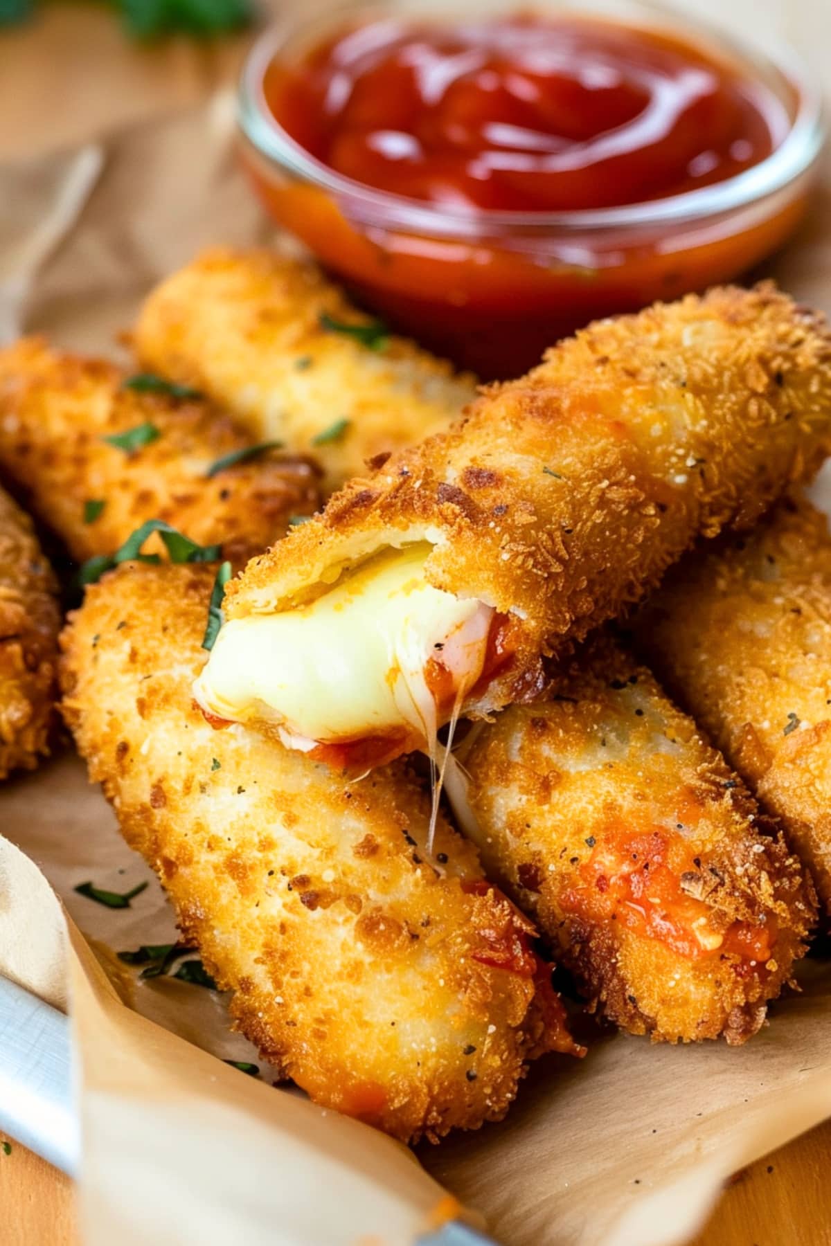 Homemade gooey and crunchy mozzarella sticks with ketchup on the side