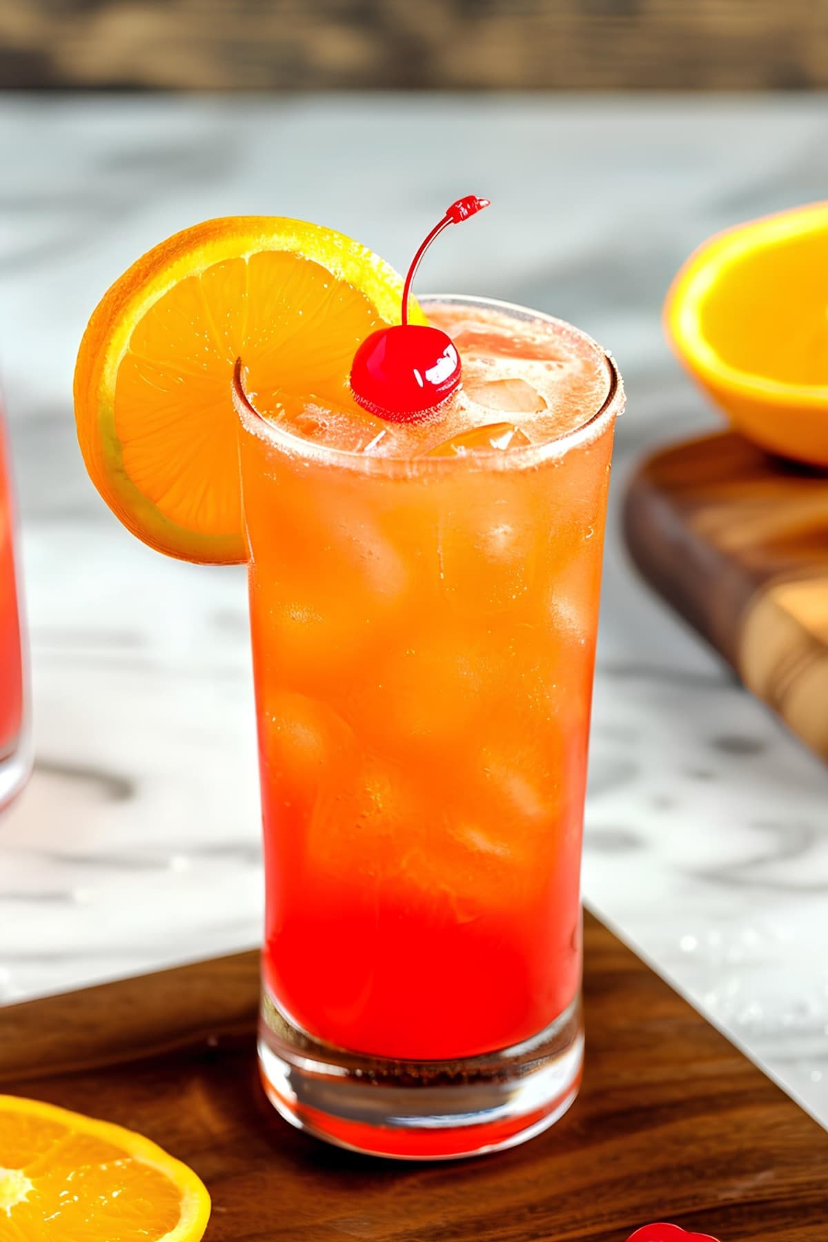 Sweet and fruity alabama slammer cocktail with maraschino cherry and orange wheel