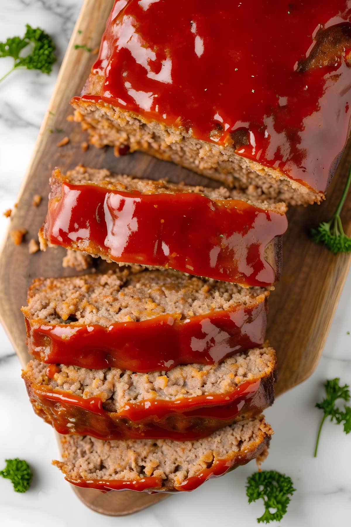 Sliced meatloaf with ketchup on a cutting board - a delicious and savory dish ready to be enjoyed