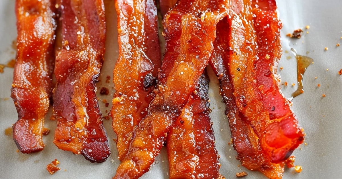 Crispy, sweet and salty candied bacon on a white parchment paper