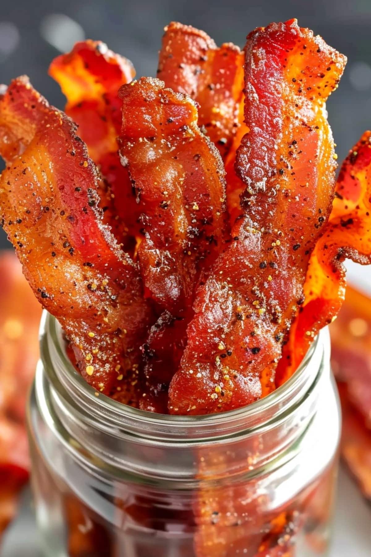 homemade candied bacon in a glass jar 