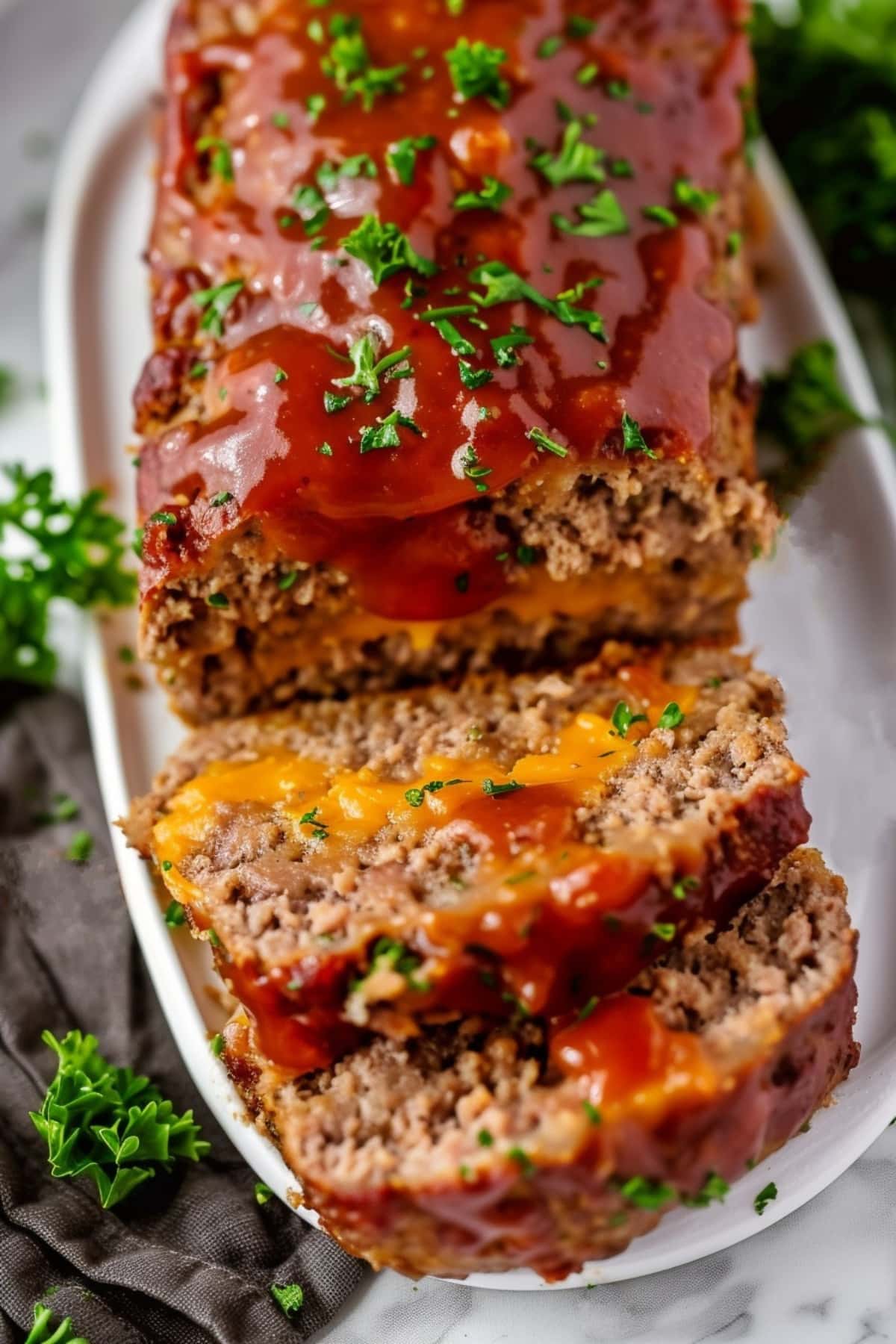 A slice of homemade cheeseburger meatloaf sitting in a white plate, perfectly cooked and topped with a savory ketchup glaze