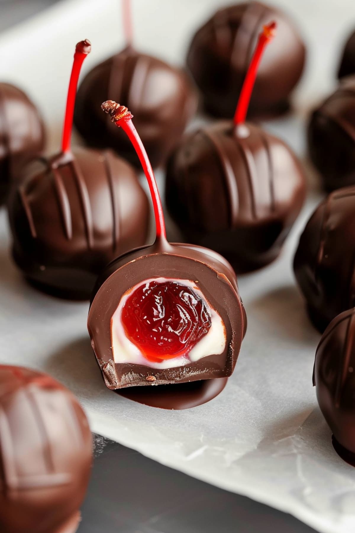 Sweet homemade chocolate covered cherries with vanilla filling