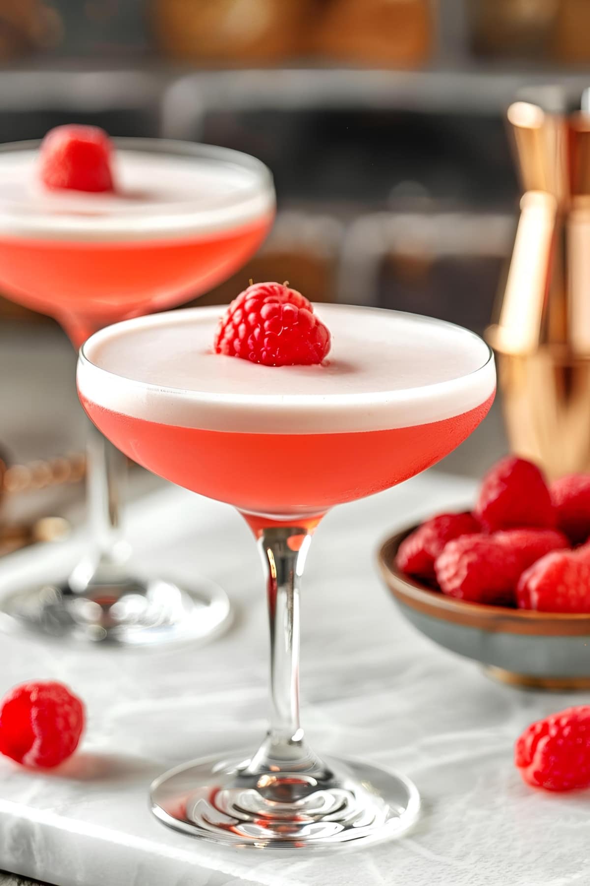 Pink clover club cocktail topped with raspberries, a boozy and refreshing drink