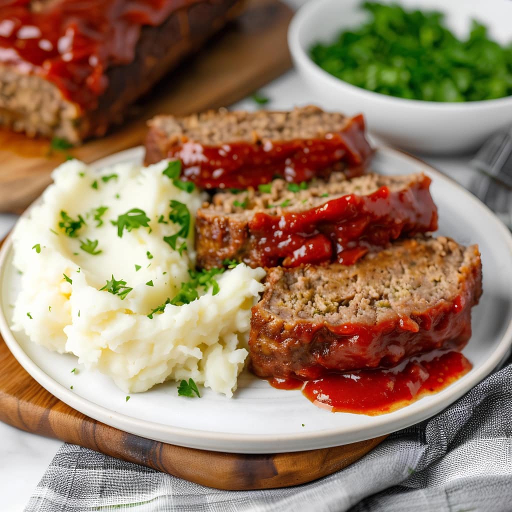 Savory homemade Alton Brown meatloaf with mashed potatoes