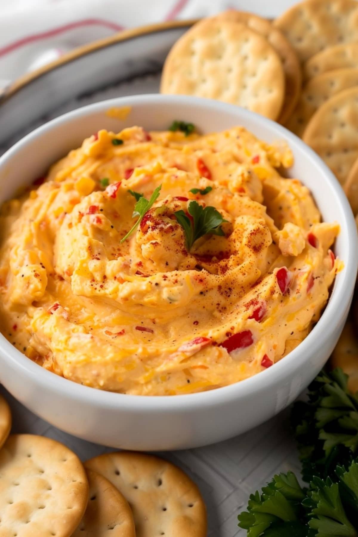 Bowl of Homemade Pimento Cheese with Crackers