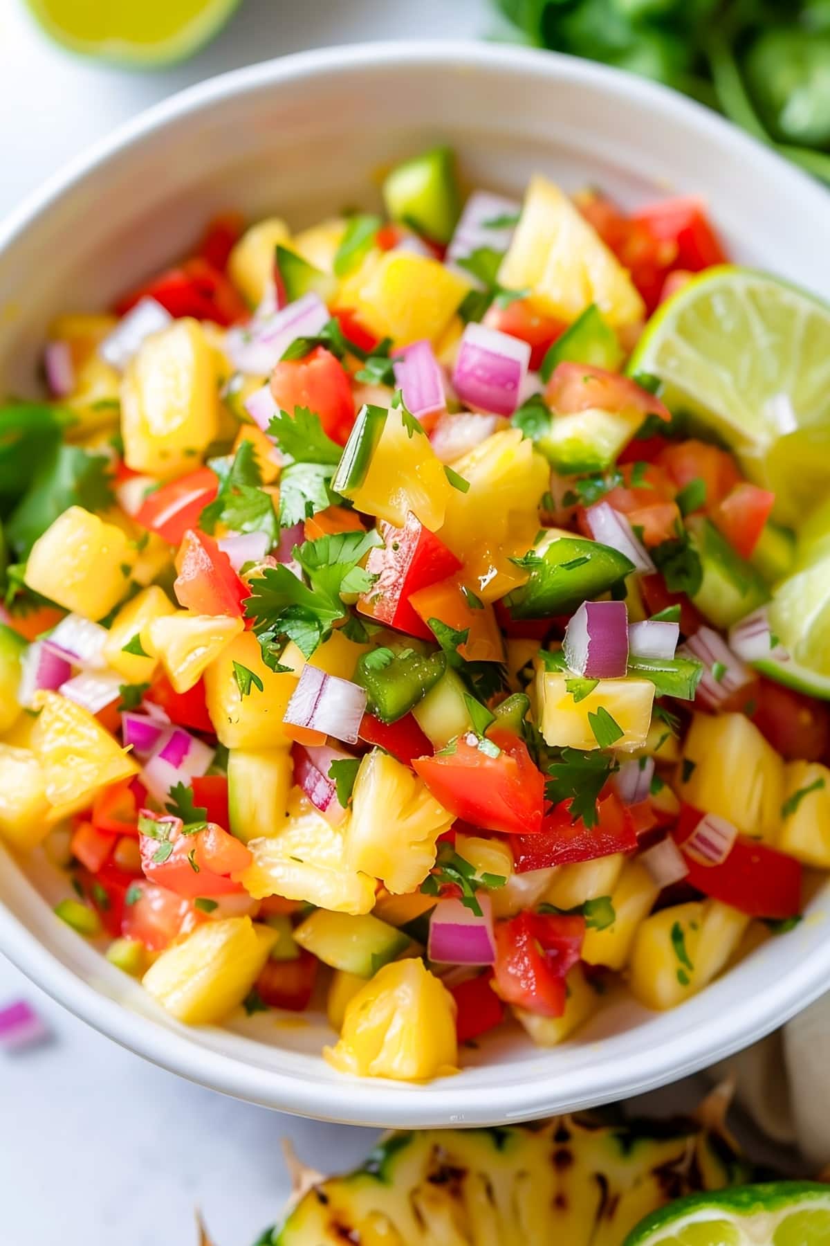 Bowl of homemade pineapple salsa with tomatoes, onions and cilantro