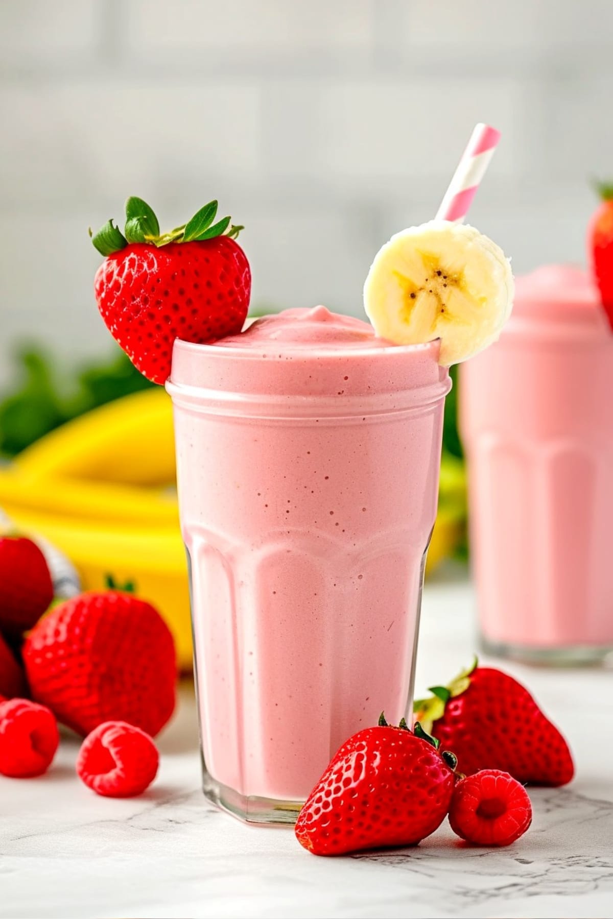 Refreshing homemade strawberry banana smoothie in a tall glass