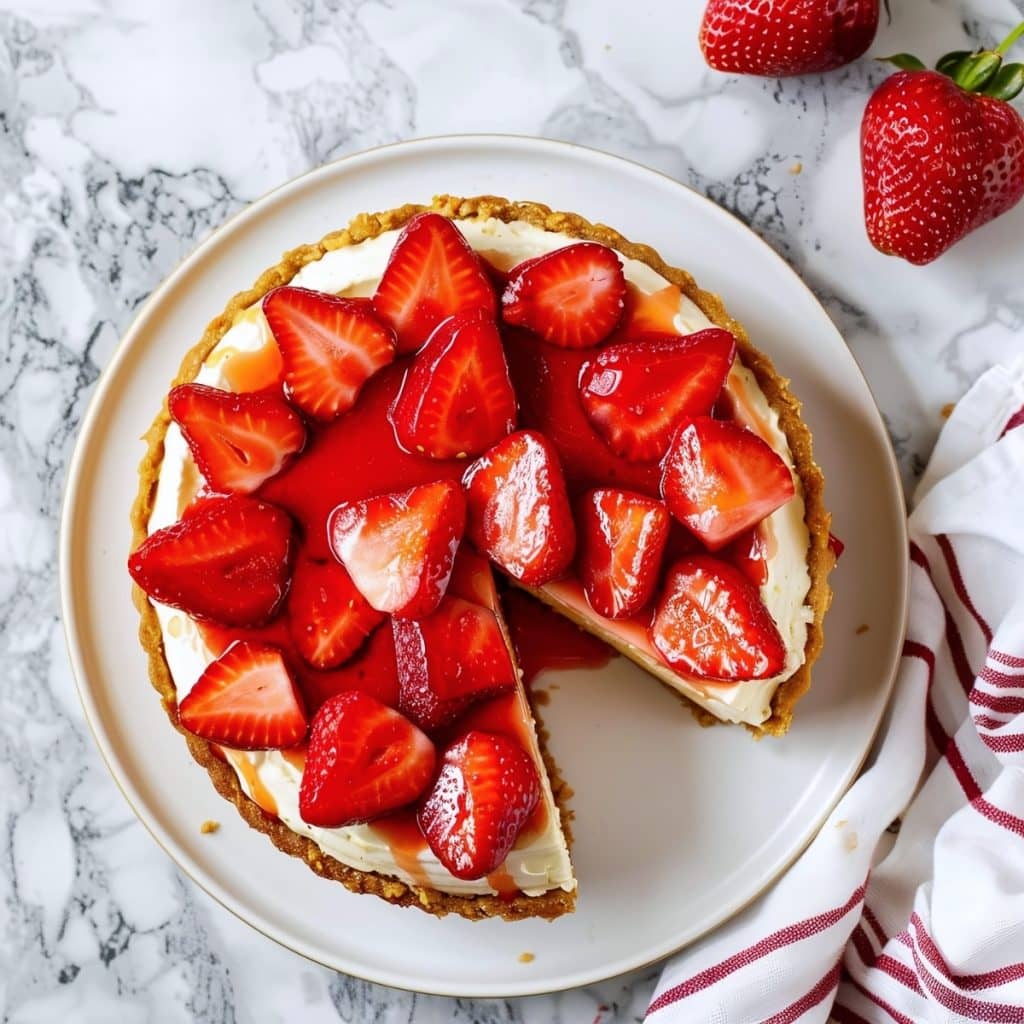 Slice of strawberry cheesecake on a white plate with fresh fruit toppings