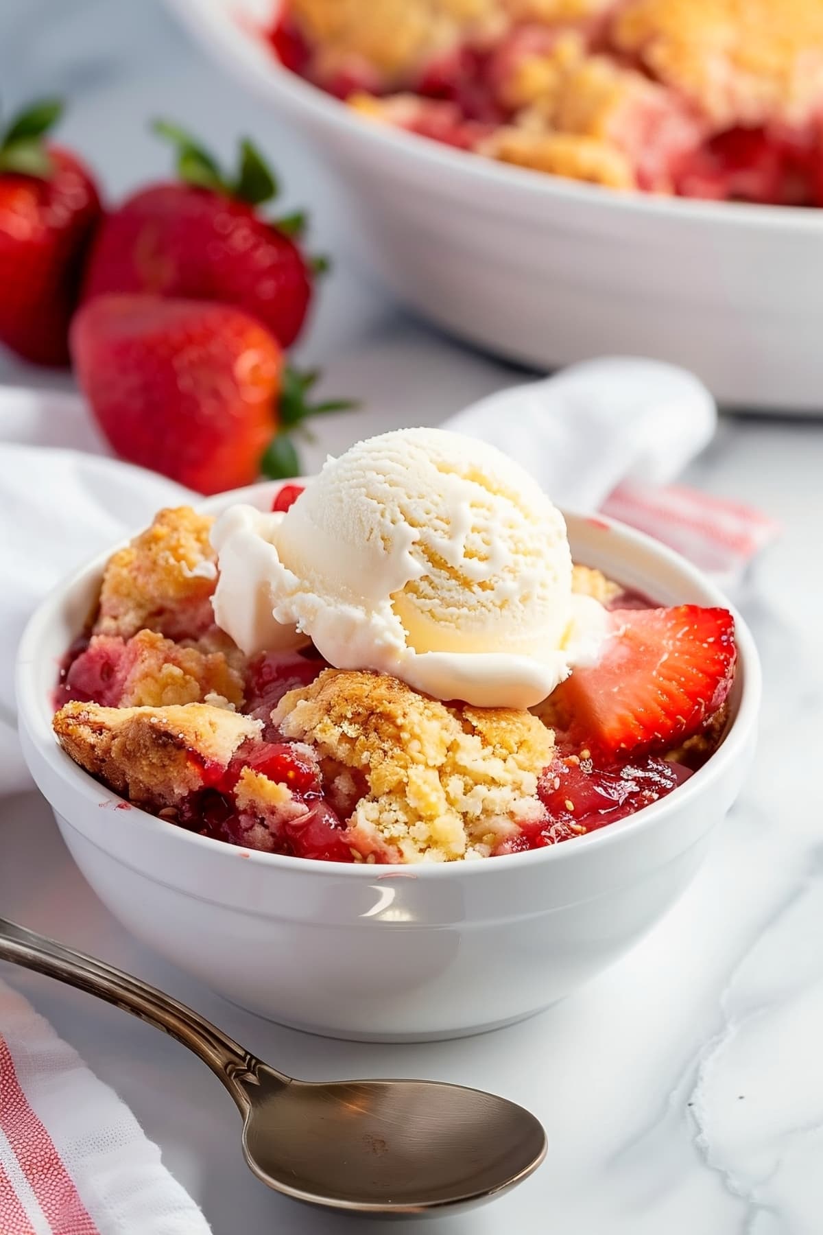 Bowl of homemade strawberry cobbler topped with a scoop of ice cream