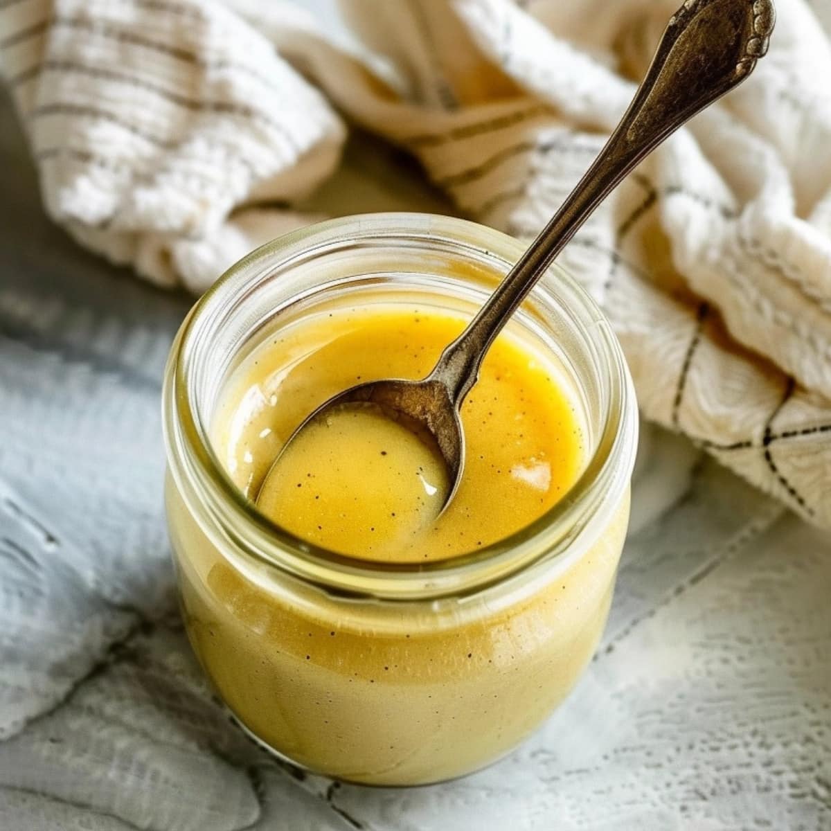 Spoon dipped in a jar with honey mustard sauce.