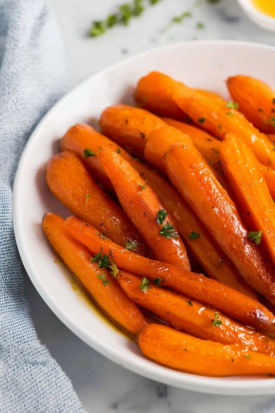 Honey-glazed carrots served on a white plate.