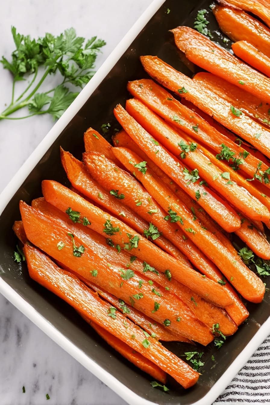 A baking dish filled honey glazed carrot sticks on a white marble table.