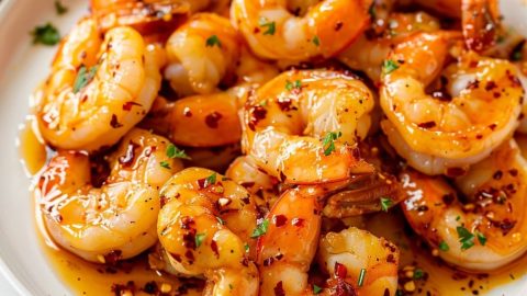 Honey garlic shrimp with pepper flakes served on a white plate.