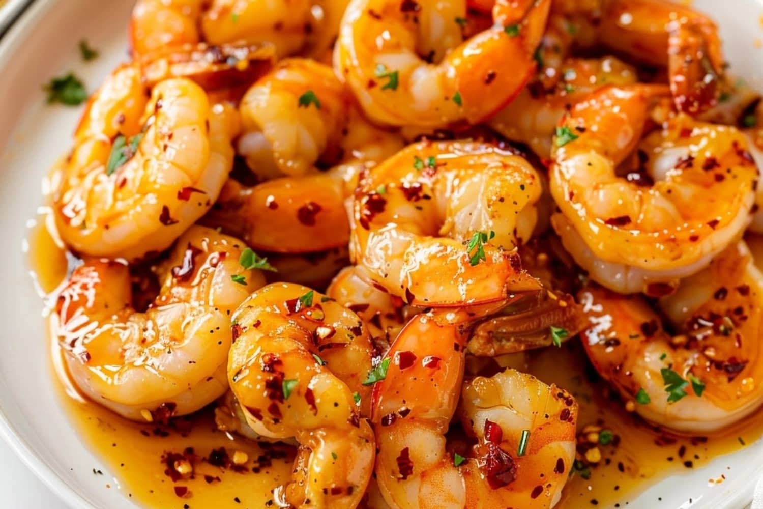 Honey garlic shrimp with pepper flakes served on a white plate.