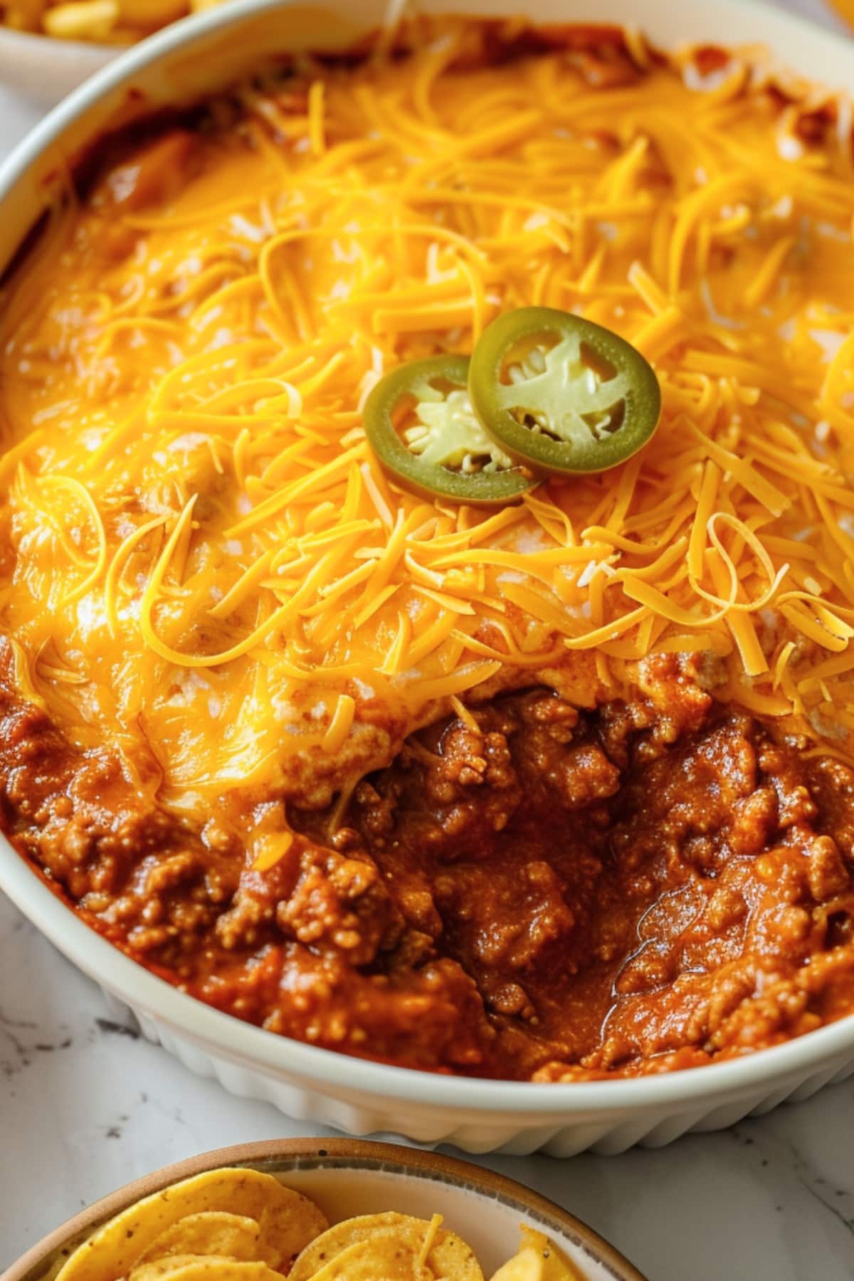 Hormel chili dip topped with ground beef, cheese and sliced jalapeno