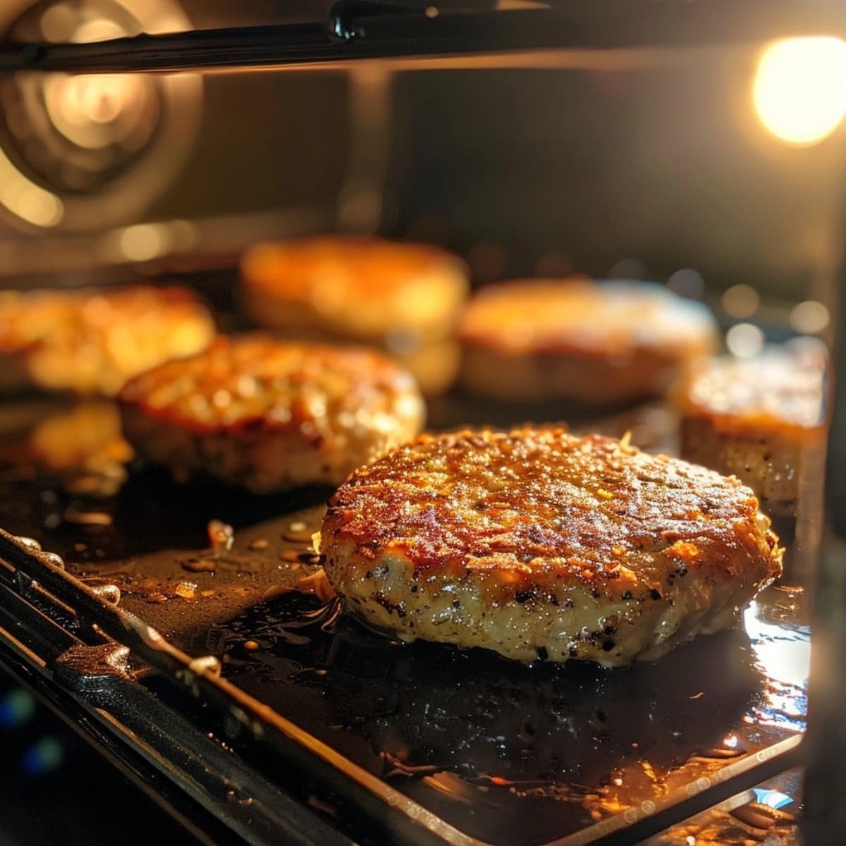 Beef patties baked inside and oven.