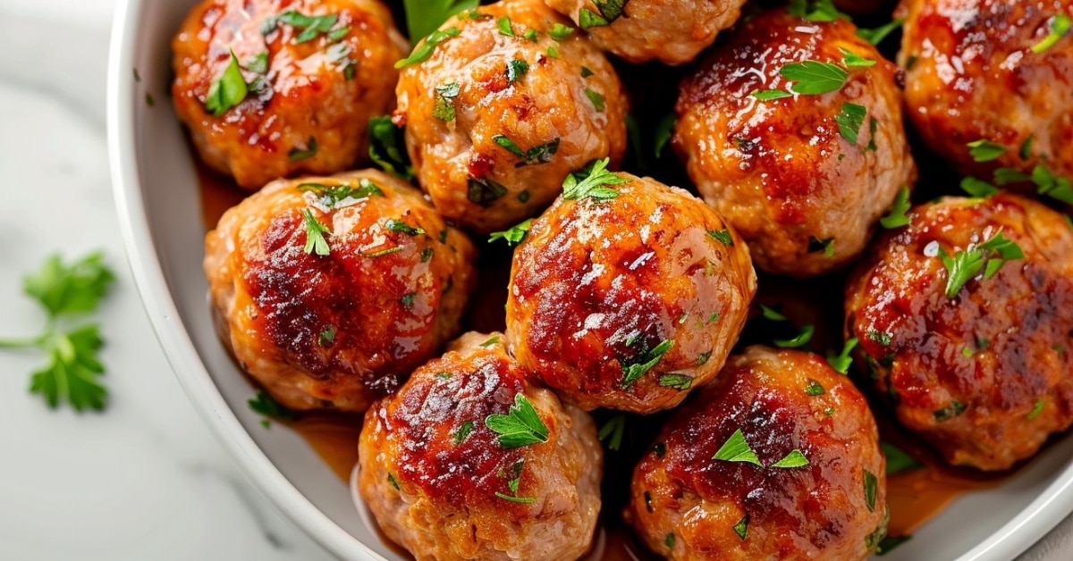 Juicy and crispy homemade turkey meatballs, overhead view