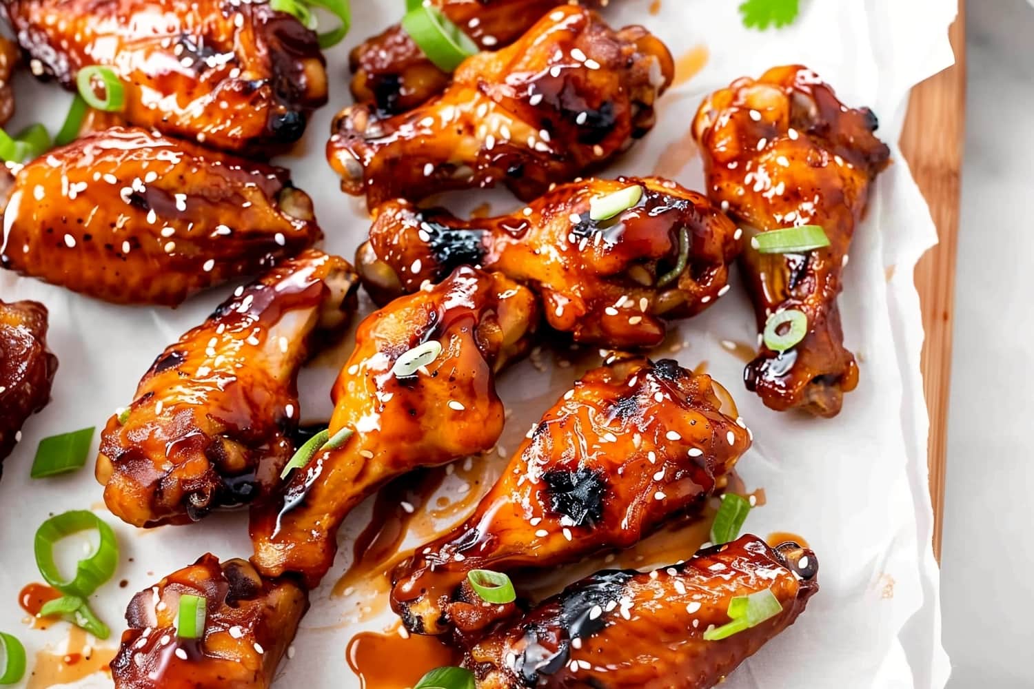 Spicy Korean chicken wings with sesame seeds and green onions on a baking sheet