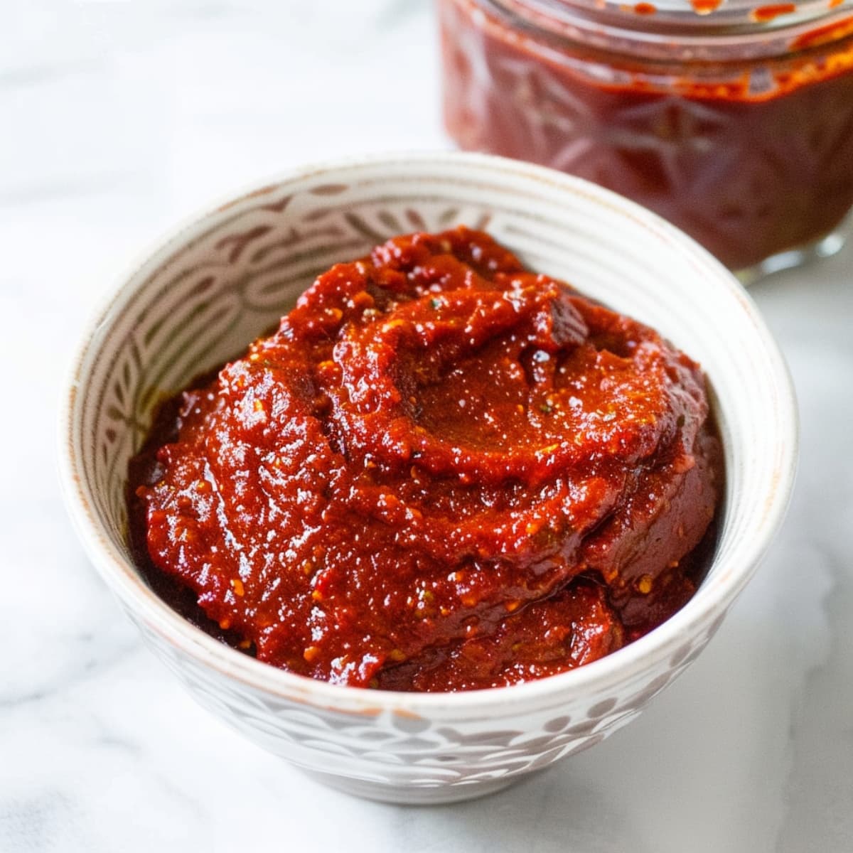 Gochujang or Korean Chili Paste in a Bowl on a White Marble Table