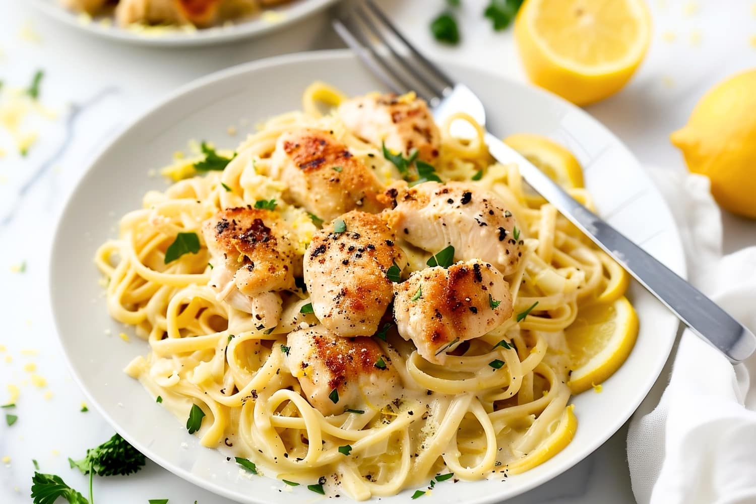 A plate of lemon chicken pasta, garnished with parsley