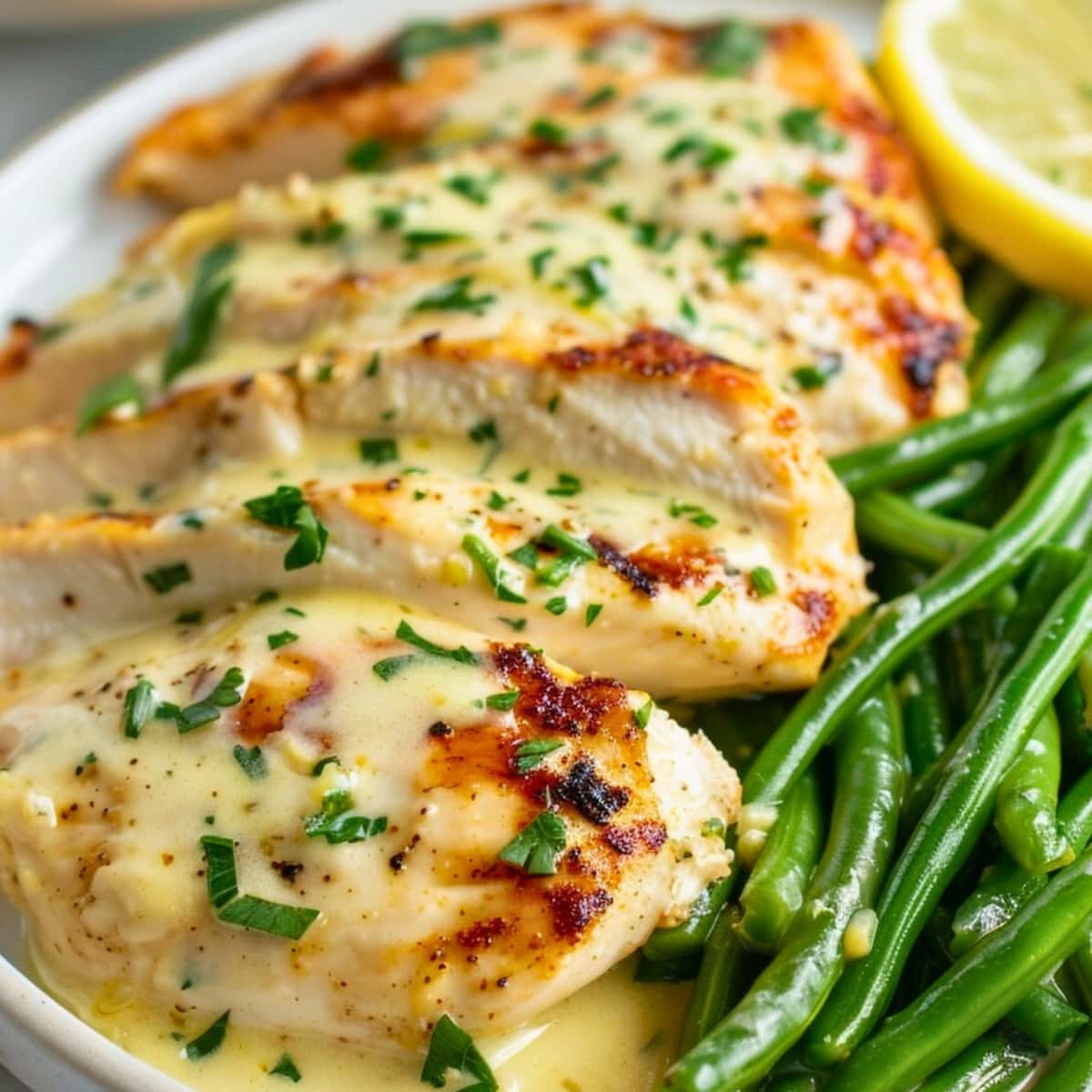 Lemon garlic chicken served with green beans and lemon, garnished with chopped herbs.