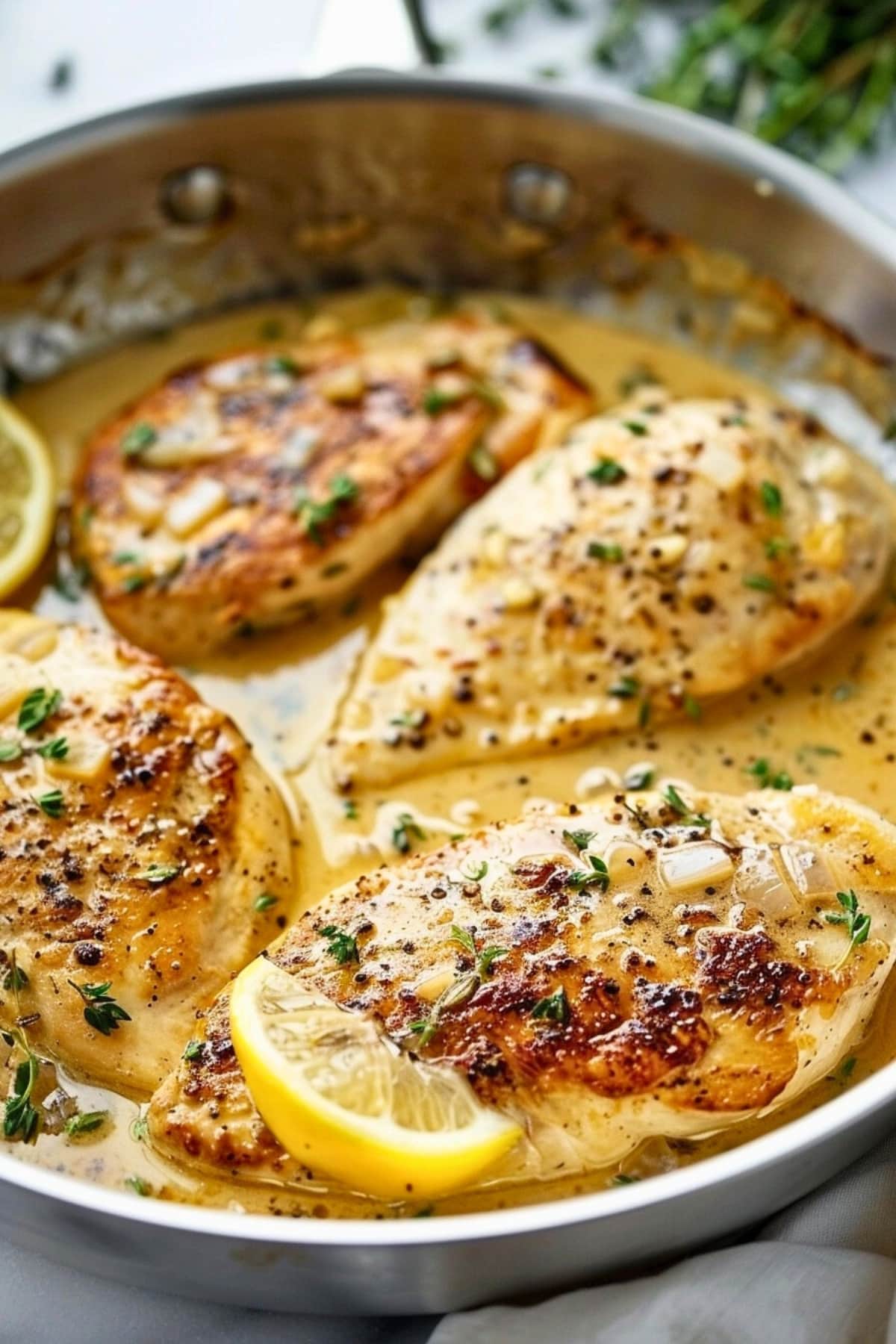 Chicken breast cooked with lemon garlic sauce in a stainless pan.