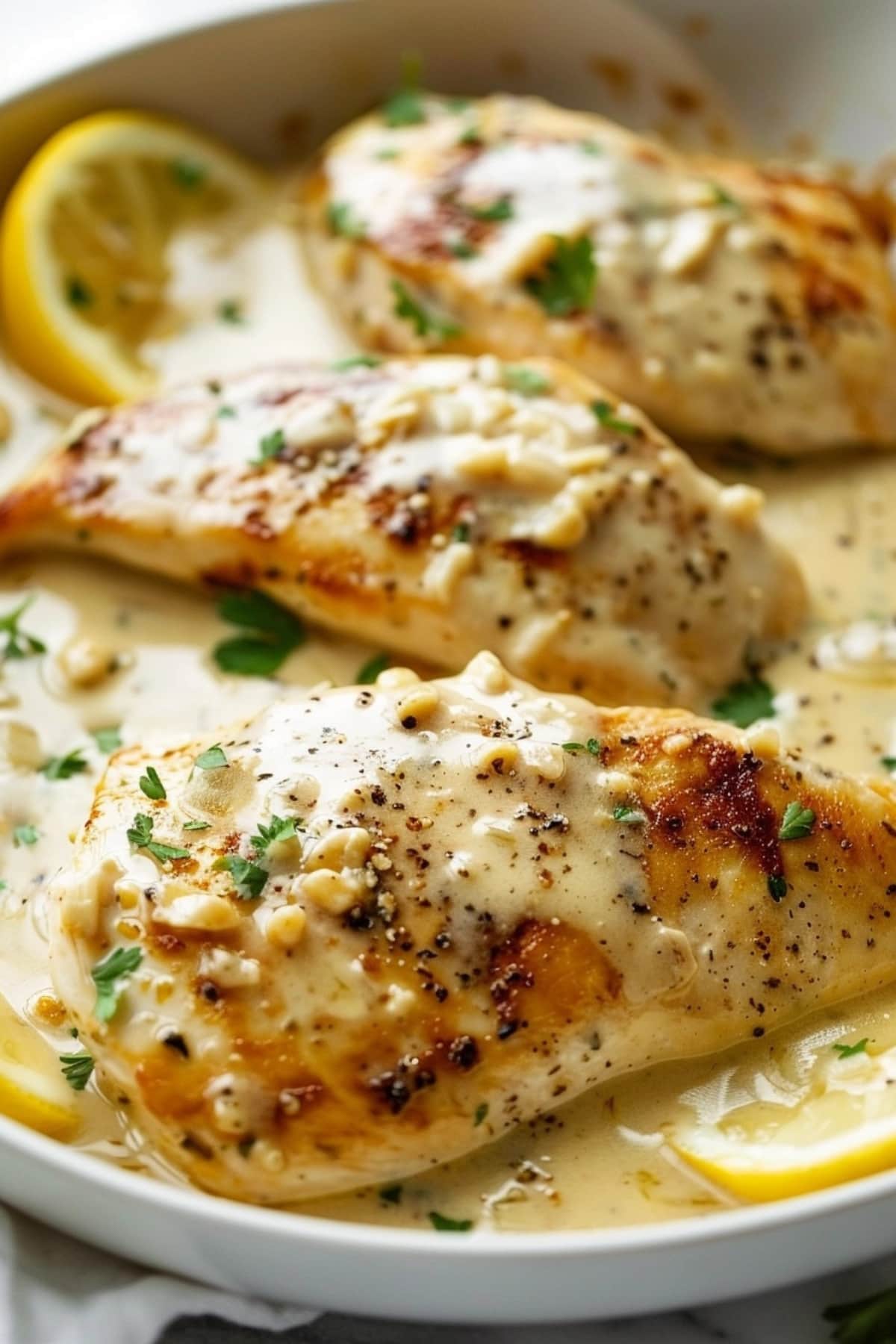 Lemon garlic chicken on a plate served with thick sauce.