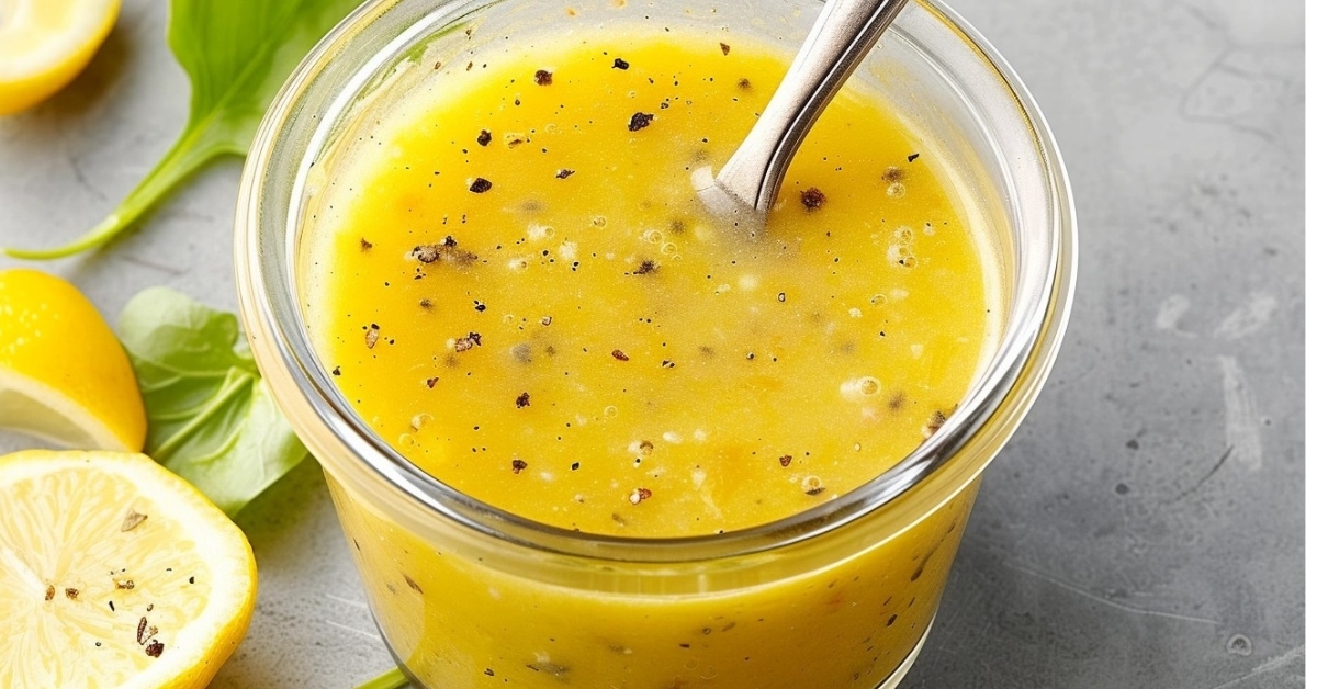 Lemon vinaigrette dressing in small jar with spoon