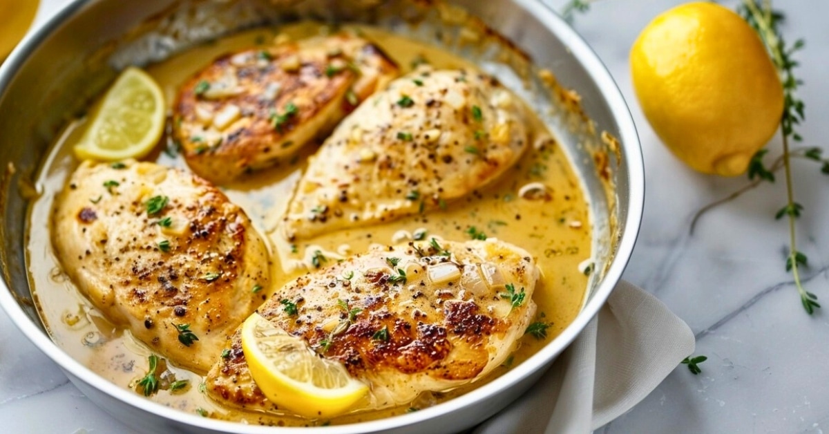 Chicken breast cooked with lemon and garlic sauce in a pan.
