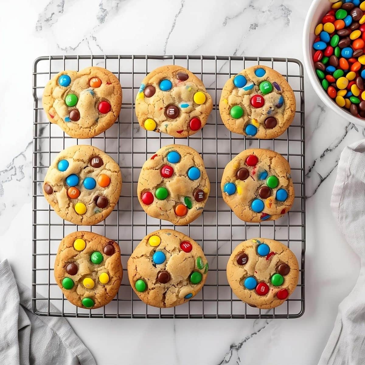 Cookies with M&M in a cooling rack on top of white marble table.