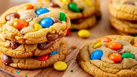 M&Ms cookies arranged in a wooden board.
