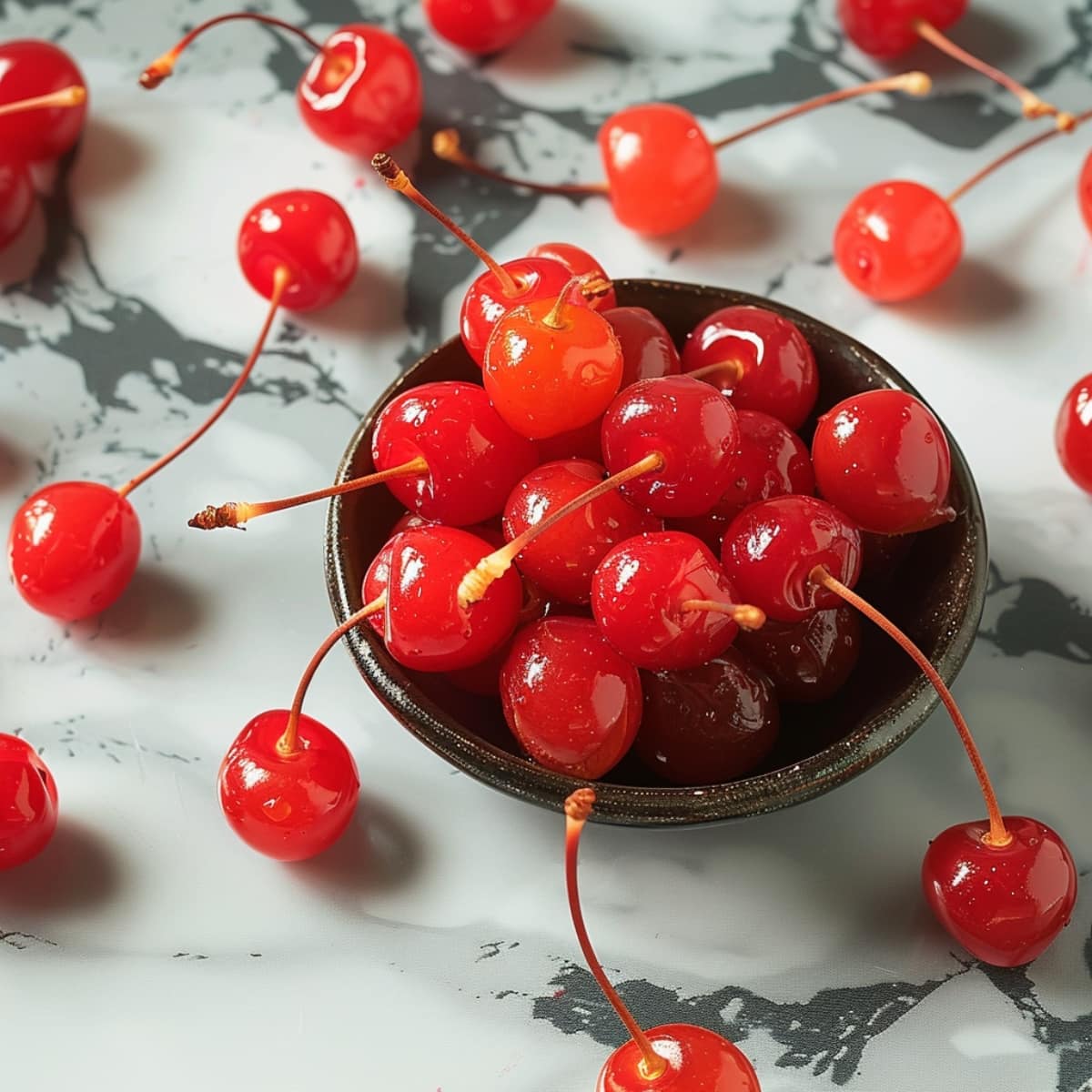 A bowl of fresh maraschino cherries on a white marble table
