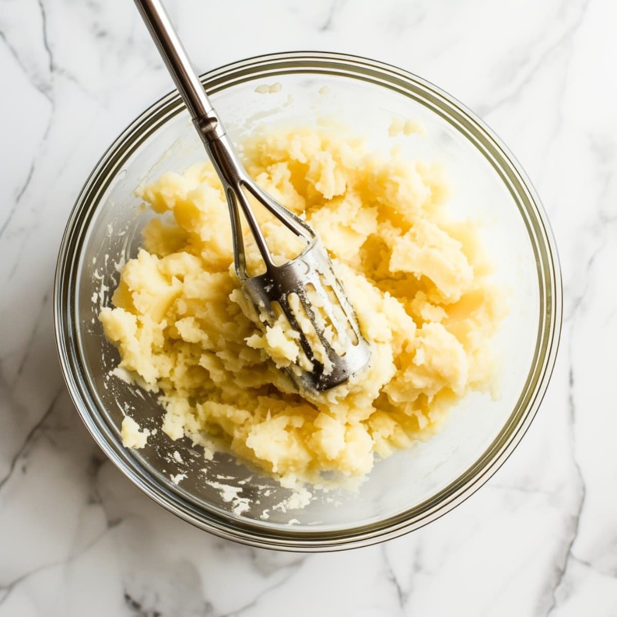 Mashed potatoes in a glass bowl with a potato smasher