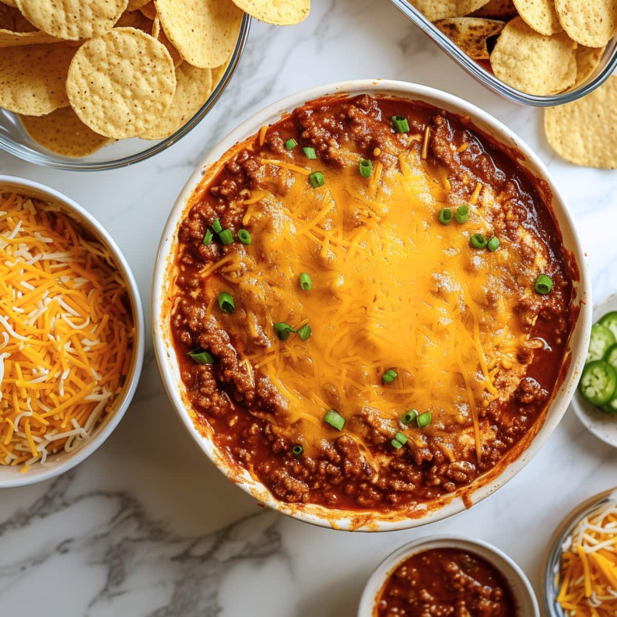 Hormel chili dip with ground beef and cheese served with nachos