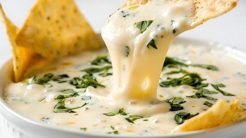 Dipping Chip into Mexican White Queso Cheese Dip in a White Bowl with Satisfying Cheese Pull